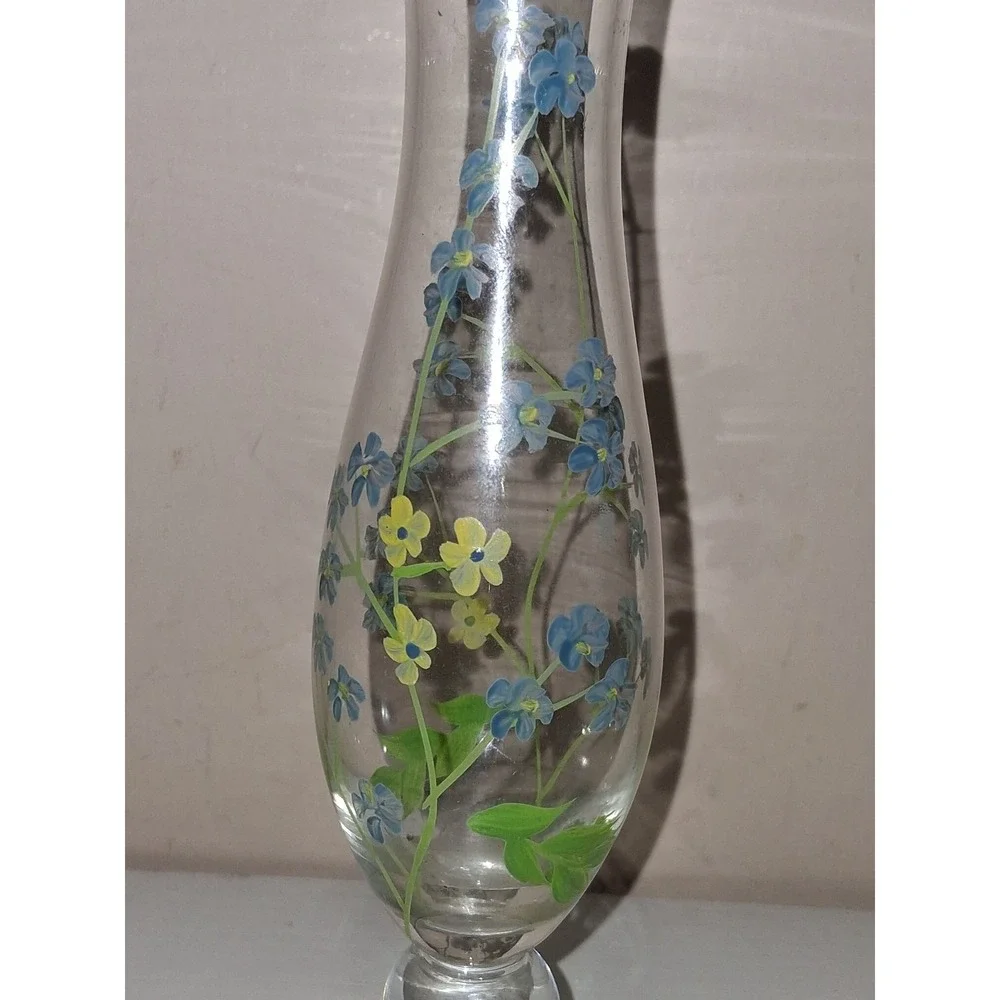 Vintage Hand Painted Glass Bud Vase Forget Me Not Flowers Ruffled Rim 7.5